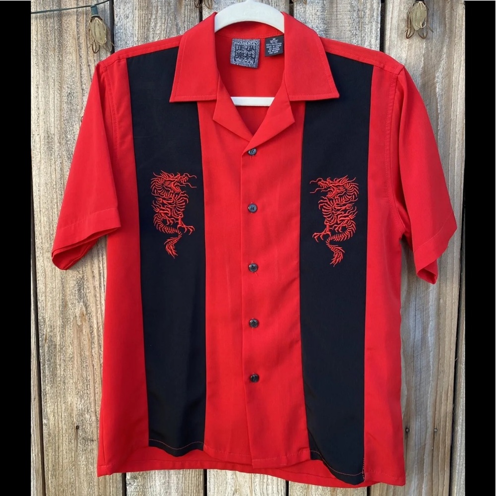 Authentic Shaolin Boy's Shirt Red Black Dragon Size m 18 Button Front Short Slv
